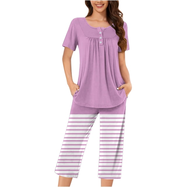 Jamicy Pyjamas Grande Taille pour Mode Décontractée Ample Rayé Imprimé Col Rond Boutonné Manches Courtes avec Pantalon Court Ensemble de Pyjamas pour Femmes