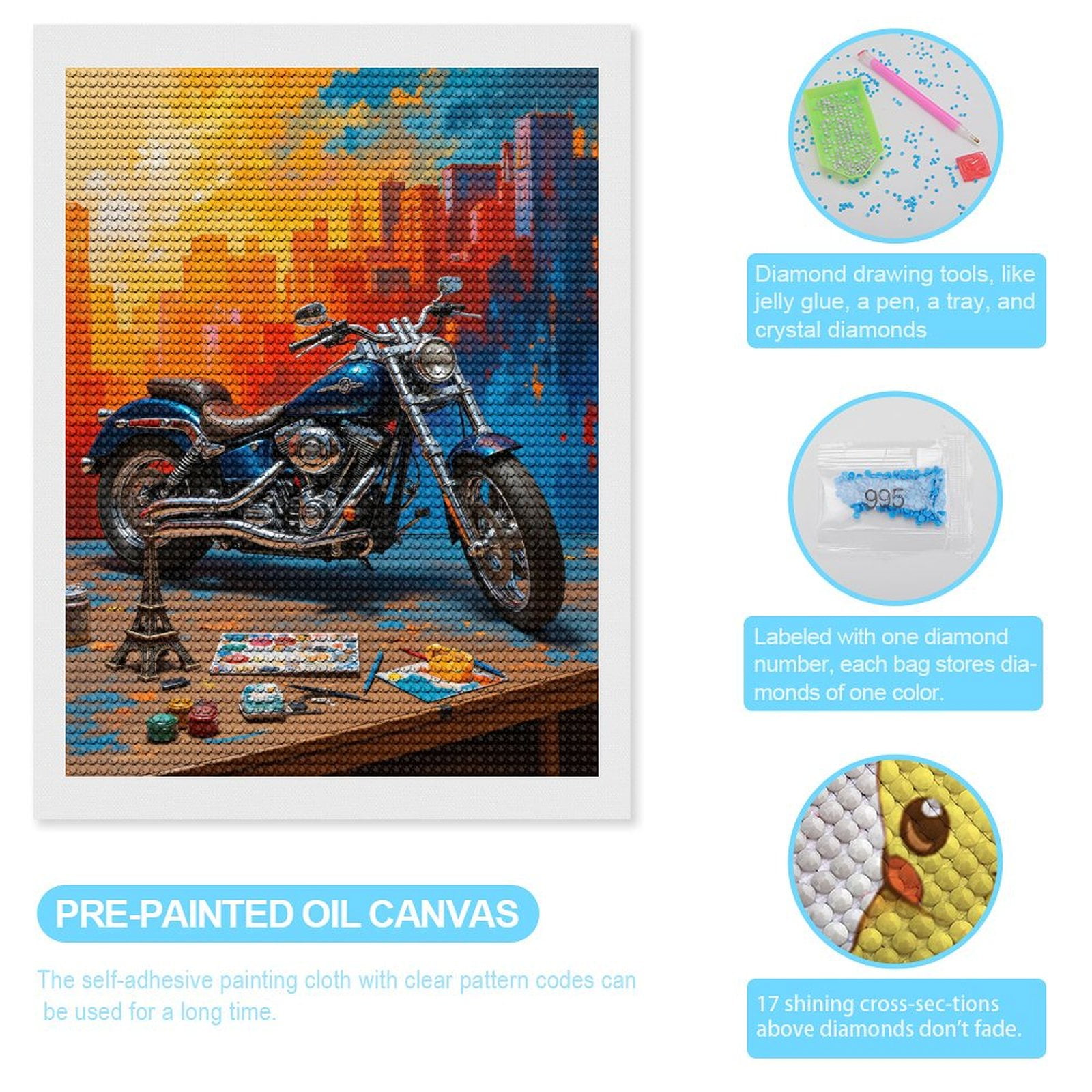 Diamond Art Kits for Adults - Motorcycle Art Urban Painting Supplies 5d Diamond Painting for Adults, Diamond Art for Adults Beginners, Frameless Diamond Painting Kits for Adults for Home Wall Decor