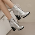 thumbnail image 3 of Womens High Heels Combat Boots 2025 Fashion Silver Leather Pointed Toe Chunky Block Heeled Mid Calf Short Dress Ankle Booties Silver Size 8.5, 3 of 9