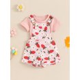 thumbnail image 5 of Aojekbee Toddler Girl Summer Outfit Solid Color Ribbed Short Sleeve Tops and Flower Print Suspender Shorts Overalls 2Pcs Clothes Set, 5 of 10