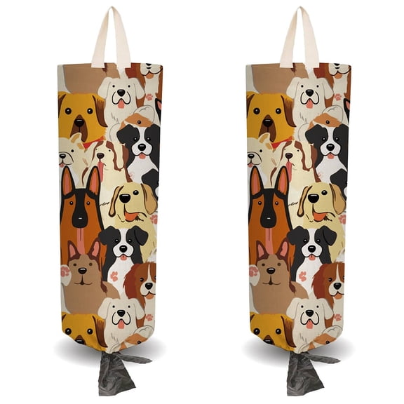 2Pcs Cloth Plastic Bag Holder Dog Theme 4 Adhesive Hook Grocery Pull Rope Free Adjustment Reusable Organizer Washable Wall Mount
