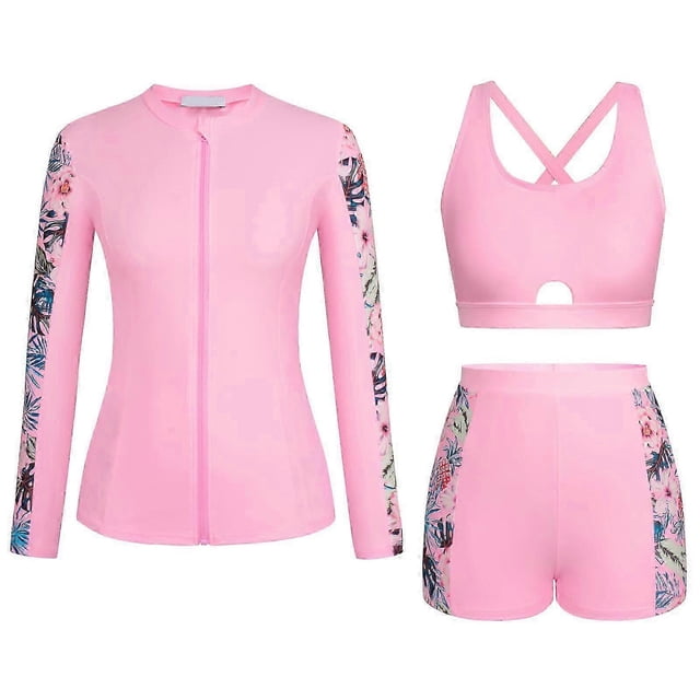 3pieces Women Long Sleeve Swimsuit Front Zippered Rashguard Swim Top Sports Bra And Trunks Women Surfing Bathing Suit Pink Xl