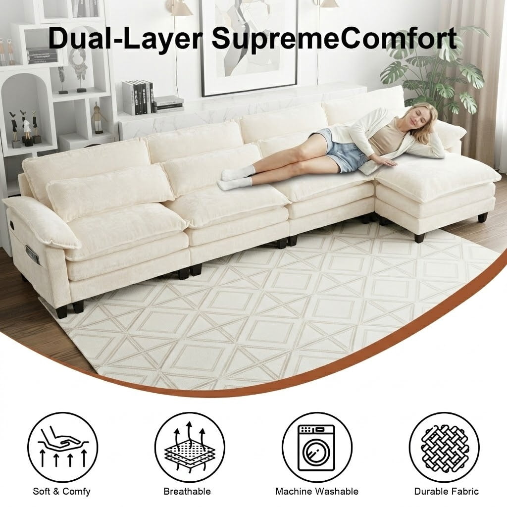Howcool 148" Modular Sectional Sofa , 4 Seater L-Shaped Cloud Couch with Movable Ottoman, USB Charging Ports & Side Pockets, Sectional couchs for Living Room,Chenille Fabric,Beige