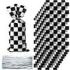 100 Pieces Cellophane Car Candy Bags Black White Checkered Racing Treat Bags Plastic Race Gift Goodie bags Food Storage Bags for with 100 Pieces Silver Twist Ties for Cars Birthday Party Decorations