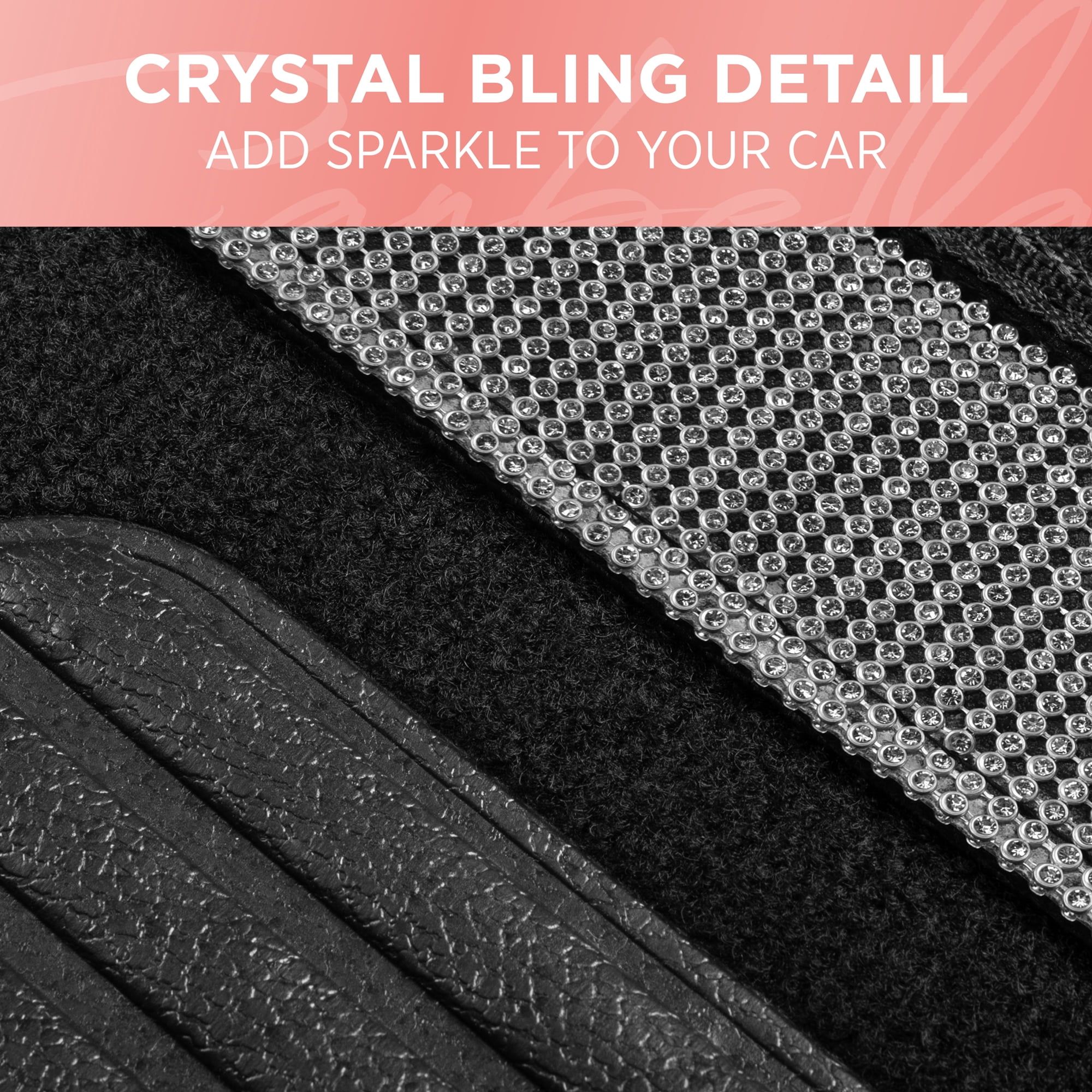 Carbella Diamond Bling Car Mats 4-Piece Set, Shiny Rhinestone Crystal Carpet Car Floor Mats, Two-Tone Floor Mats for Cars, Cute Automotive Interior Car Accessories for Women (Silver)