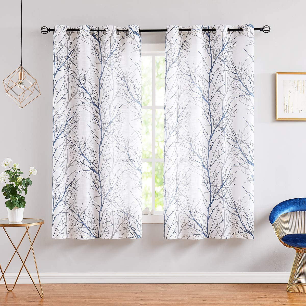 Green Sheer White Curtains for Living Room 72 Length Grey Tree Branches Print Curtain Set Linen Textured Semi-Sheer Window Drapes for Bedroom Grommet Top 2 Panels