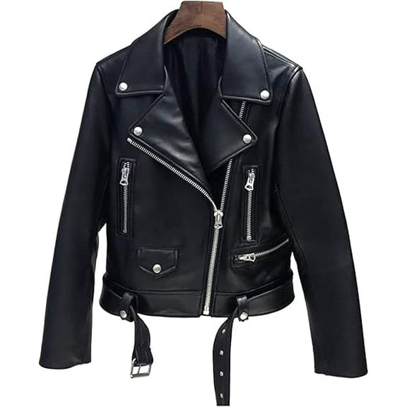 Women's Genuine Black Lambskin Leather Jacket Motorcycle Belt Slim fit Biker Jacket W503
