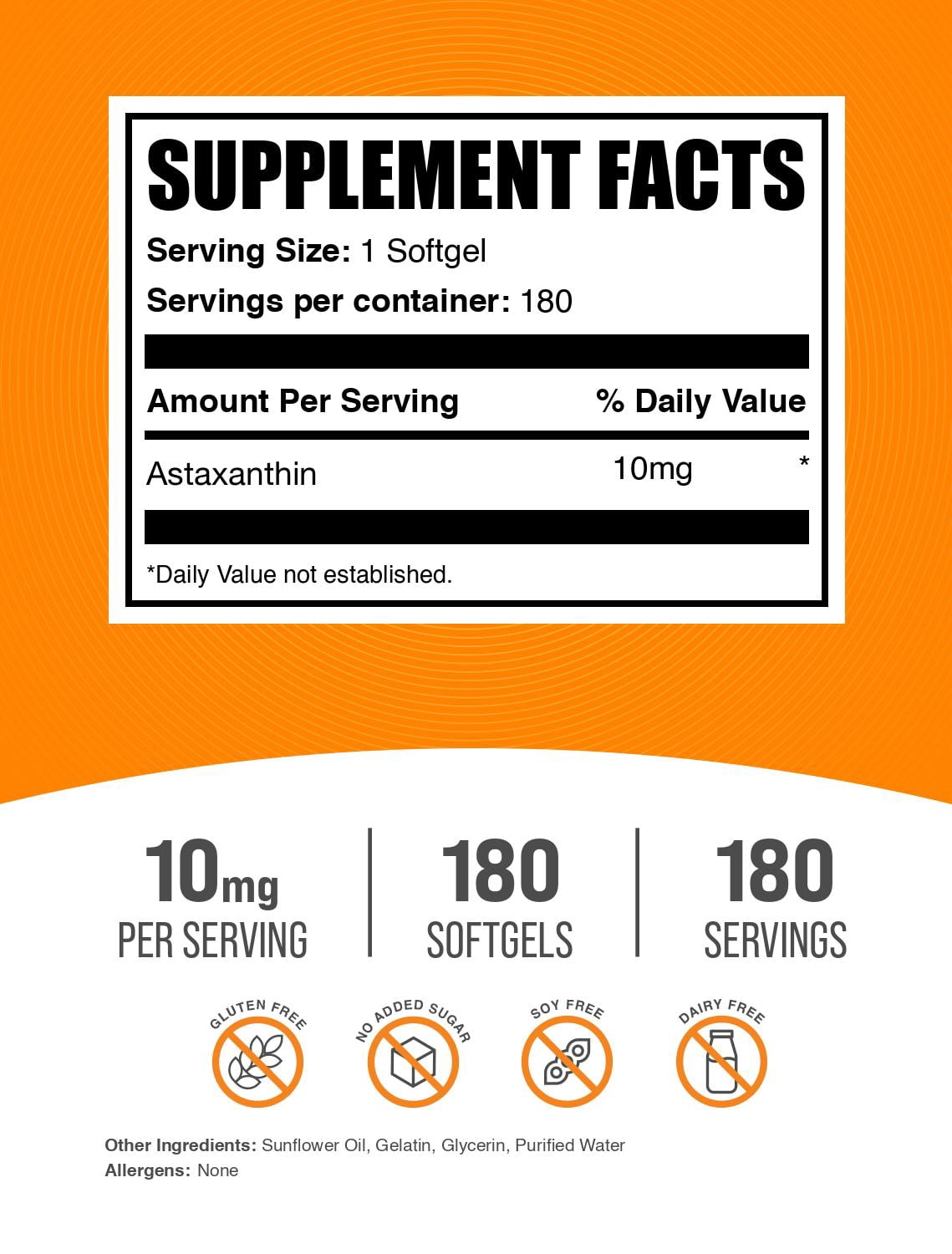BulkSupplements Astaxanthin 10mg Softgels - Antioxidant Supplement, 1 Softgel per Serving, 180 Count