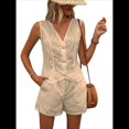 thumbnail image 2 of Conjunto de 2 Piezas con Bordado Floral y Ojales para Mujer, Pantalones Cortos de Verano, Chaleco Abotonado, Elegante e Informal para Vacaciones. Caqui XXL, 2 of 8