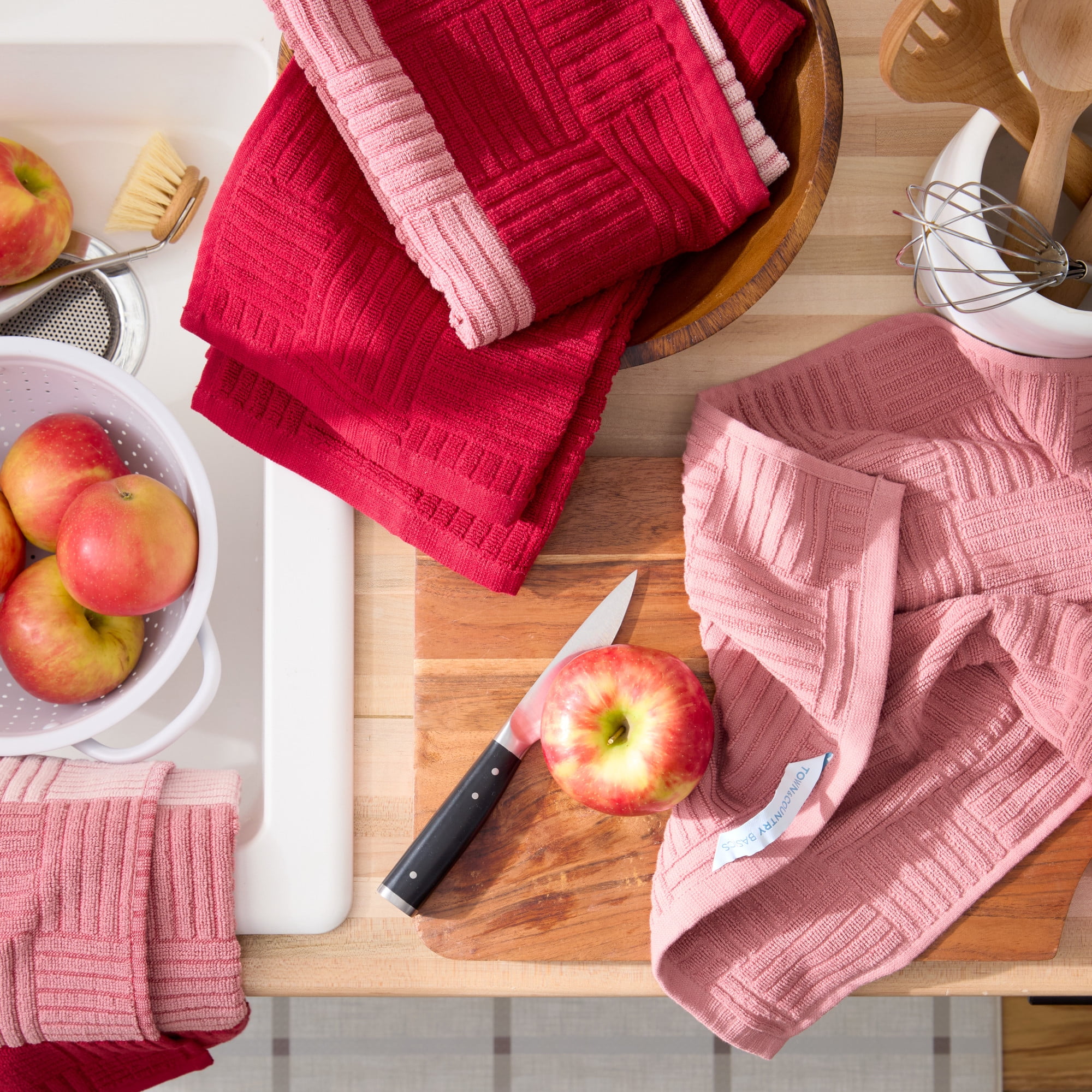 TOWN & COUNTRY BASICS Basketweave Antimicrobial Terrycloth Kitchen Towel 4-Pack Set, Absorbent 100% Cotton, Machine Washable, Red, 16"x28"