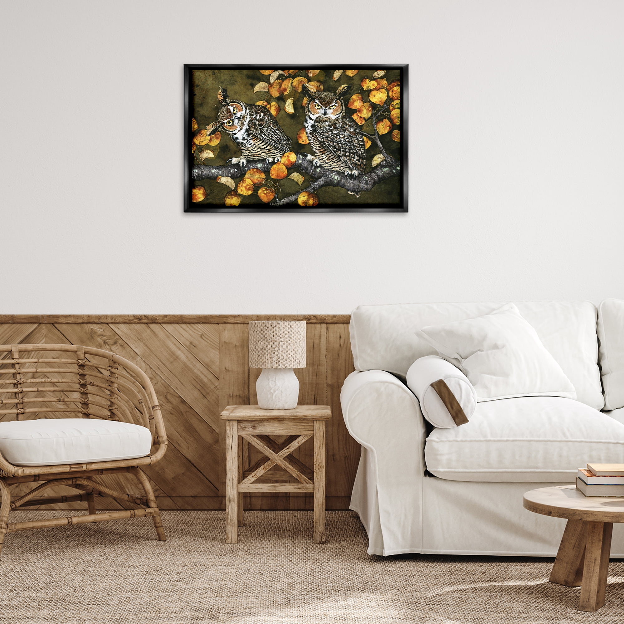 Stupell Industries Inquisitor Owls Autumn Branch Animals & Insects Painting Black Floater Framed Canvas Art Print Wall Art, 31 x 21