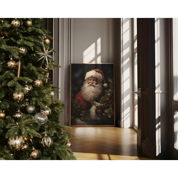 African American Santa Art Print, Winter Holiday Wall Decor Home Decor #2406, 8x12 UNFRAMED