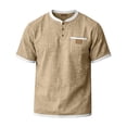 thumbnail image 6 of Cotton Linen Shirts for Men Short Sleeve Collarless Button Henley Shirt Casual Beach Oversized T-Shirts with Pockets,Khaki,3XL, 6 of 8