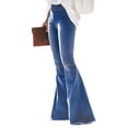 thumbnail image 4 of Women's Elastic Waist Destroyed Flare Long Bell Bottom Denim Jeans, 4 of 9