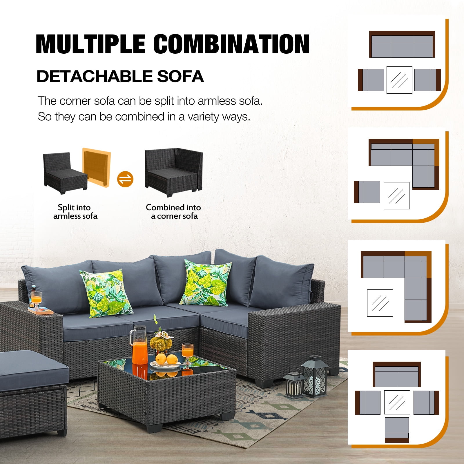 JOYURE 6 Pieces Patio Furniture set All-Weather Outdoor Wicker Sectional Conversation Sofa Rattan patio seating sofa with cushion and Glass Table and Ottoman for Porch Poolside,Grey