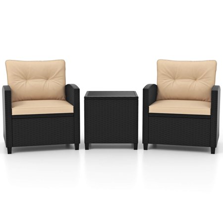 Costway 3 PCS Patio Furniture Set with Tempered Glass Coffee Table Washable Cushions - Beige,Black