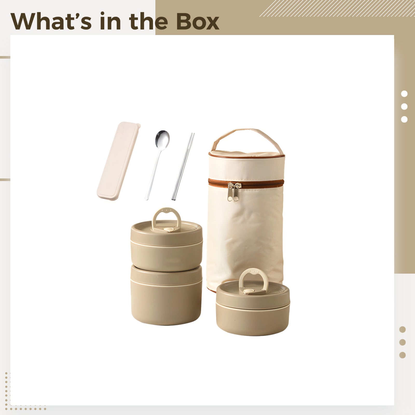 3 Pcs Stainless Steel Lunch Container Set,Portable Insulated Lunch Bag,Stackable Bento Box with Wheat Cutlery Kit,Leakproof Hot Food Lunch Containers for Work Picnic(Brown)