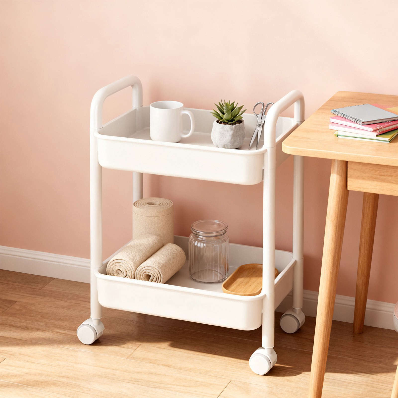 ROLKFUK 2-Tier Rolling Storage Cart White, Lockable Casters Mobile Storage Cart, Tool-Free Assembly Lightweight Plastic Cart for Kitchen Bathroom Dorm Office Pantry
