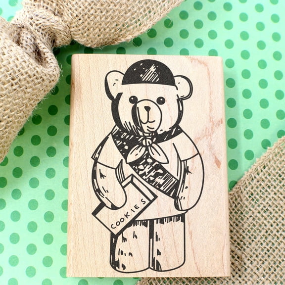 Scout Bear Art Rubber Stamp, Laser Engraved Craft Stamp on Wood Mounted Block, Size 1-3/4” x 1-3/4”, Made in USA