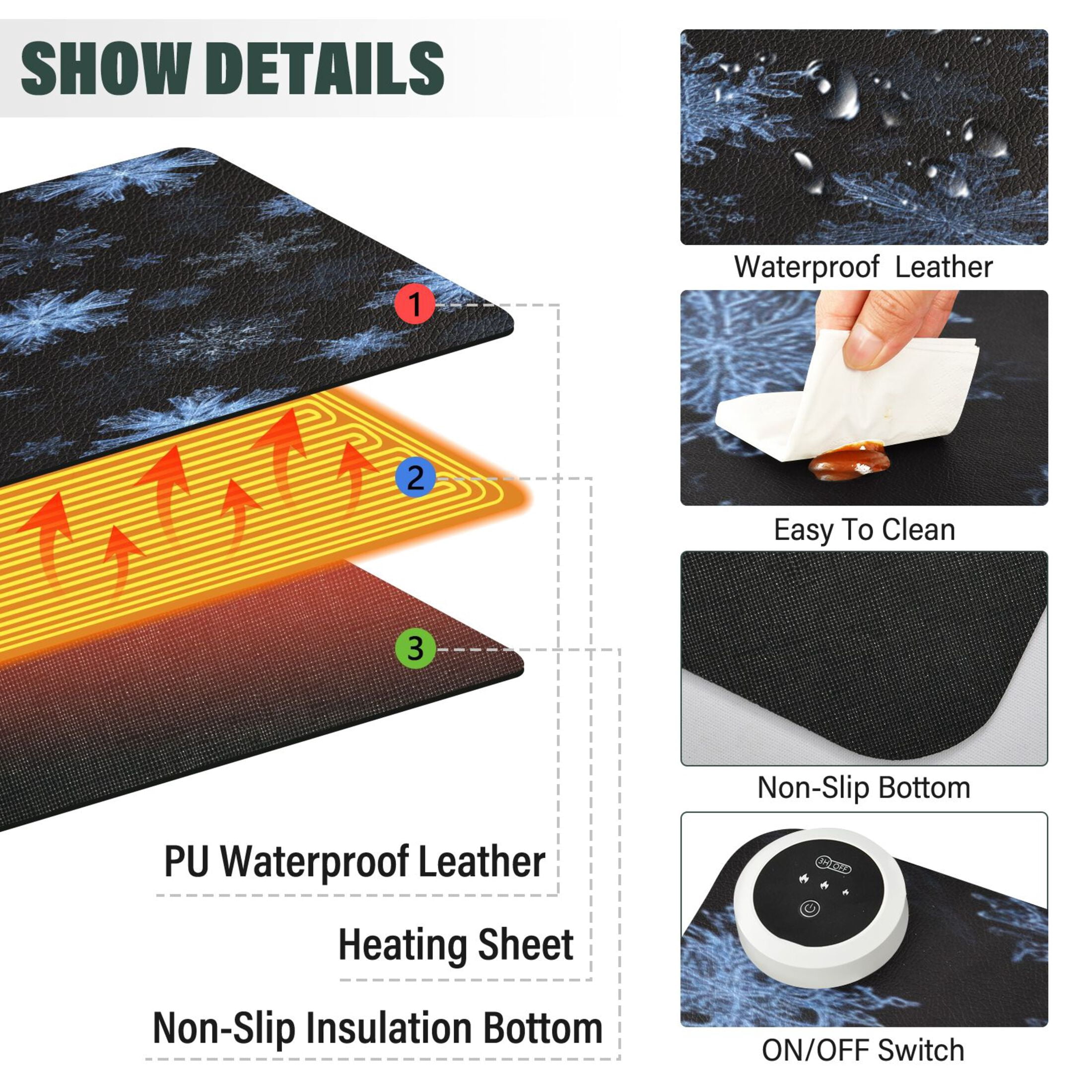 Large Heated Desk Mat Mouse Pad 31.5"x13"PU Leather Graphene Heating Desk Warmer with 3 Temperature Settings 110V US Plug Non-Slip Warm Pad for Home, Office, and Gaming Pale Blue Chrimas Snowflake