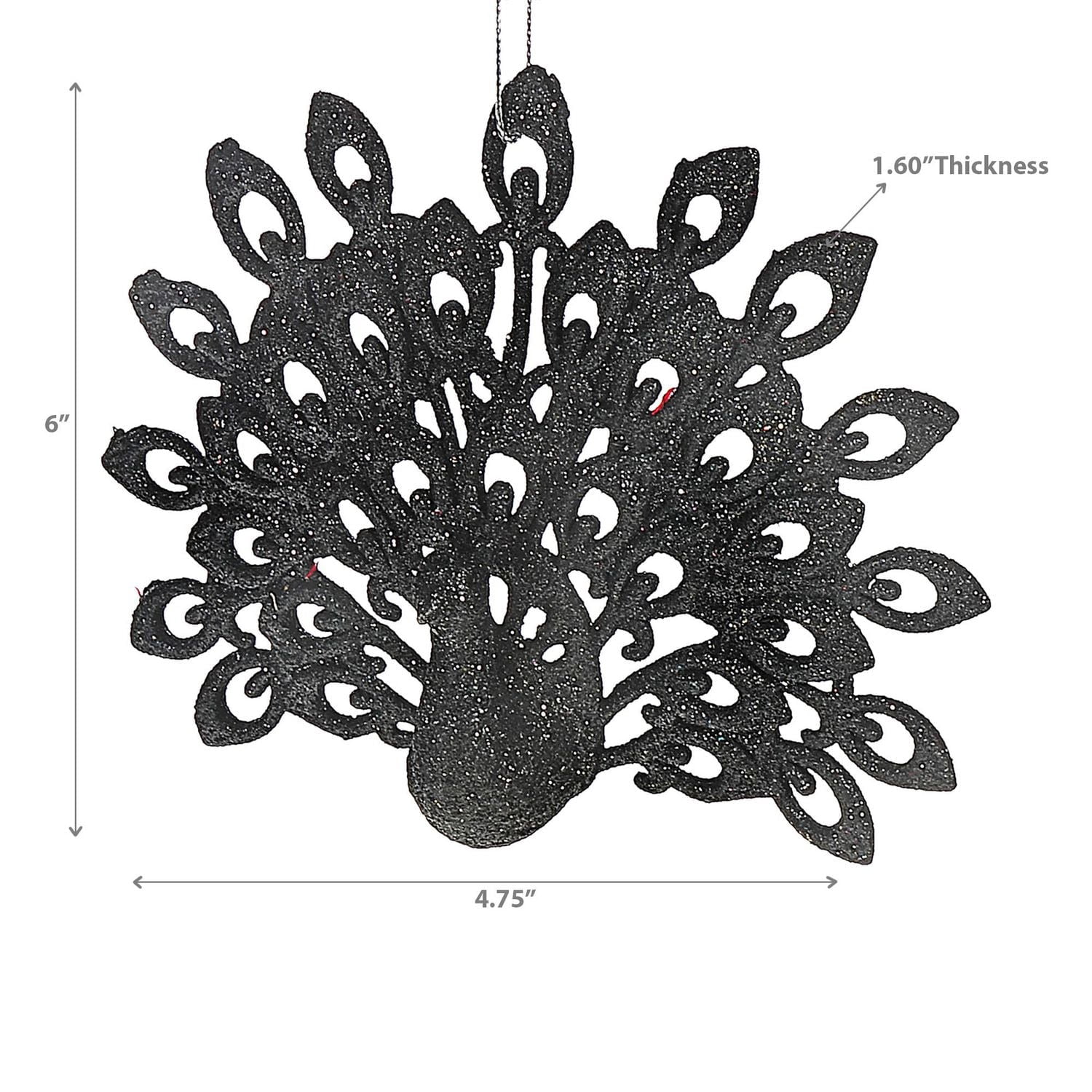 Christmas Black Glitter Ornament Peacock - Ensemble De 12