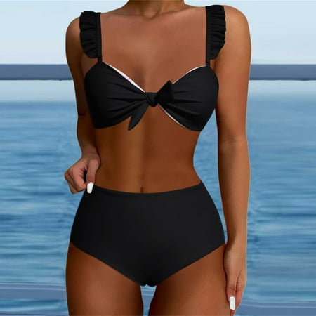 Ovticza Womens High Waisted Bikini Sets Ruffle Cheeky Tummy Control Full Coverage Push Up Solid Two Piece Swimsuits Black M