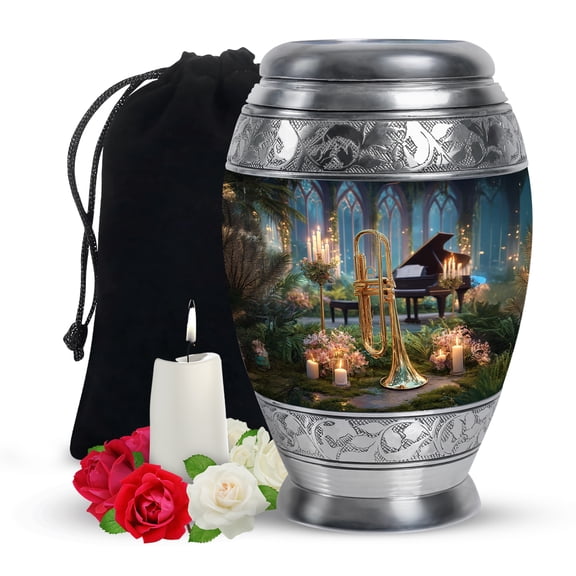 Yatskia Golden Trumpet with Candles Large Memorial Urns for Human Ashes Adult Man, Decorative Cremation Urn for Ashes for Women, (Monar Large, 10 Inch)