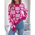 thumbnail image 5 of Womens Mock Neck Sweater Long Sleeve Block Cute Heart Knit Fall Winter Tops Ribbed Knit Pullover Sweaters Pink M, 5 of 9