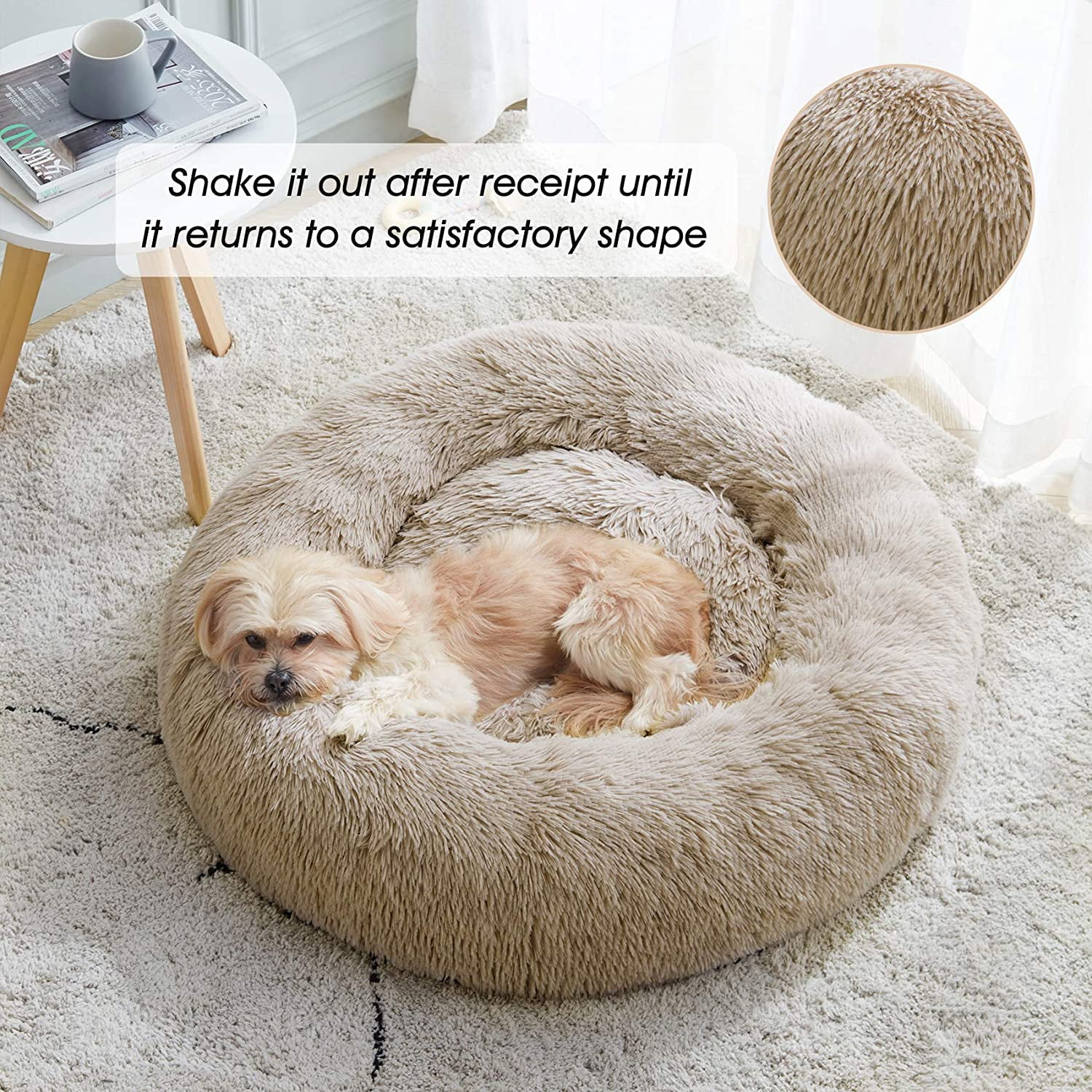 Calming Dog Bed Cat Bed Anti Anxiety Donut Dog Cuddler Bed Warming Cozy Soft Dog Round Bed Fluffy Faux Fur Plush Pet Dog Cat Cushion Bed for