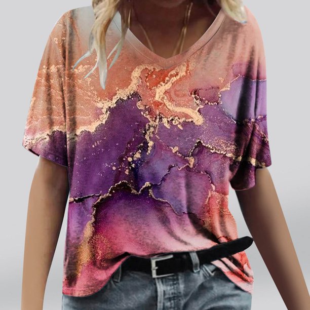 ICHUANYI Clearance Women's Fashion Printing Casual V-neck Short Sleeve Loose T-shirt Tops(Red, M) ICHUANYI WER2023081403561