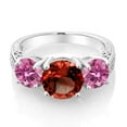 thumbnail image 3 of Gem Stone King 925 Sterling Silver Round Red Garnet and Pink Moissanite 3-Stone Ring for Women (4.10 Cttw, Gemstone Birthstone, Size 5), 3 of 5
