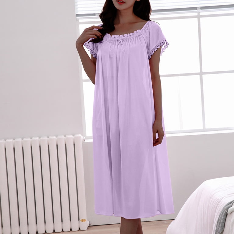 Diufon Homewear Womens Dresses Round Neck Short Sleeve Dress Solid Color Pleated Pajamas Dress Diufon Homewear Womens Dresses Round Neck Short Sleeve Dress Solid Color Pleated Pajamas Dress