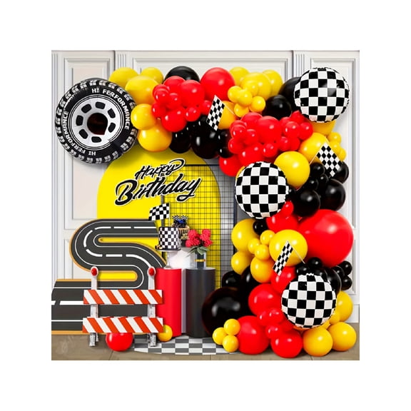 113Pcs Racing Car Theme Balloon Garland Kit - Black, Red & Yellow Latex Balloons with Checkered & Tire Foil Balloons for Birthday, Race Car Party Decorations