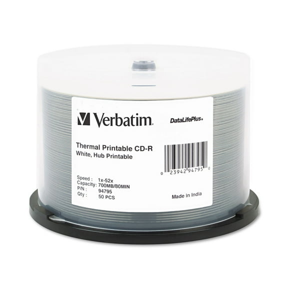 Verbatim 94795 700 MB/80 min 52x Spindle Hub Printable CD-R DataLifePlus Printable Recordable Disc - White (50/Pack)