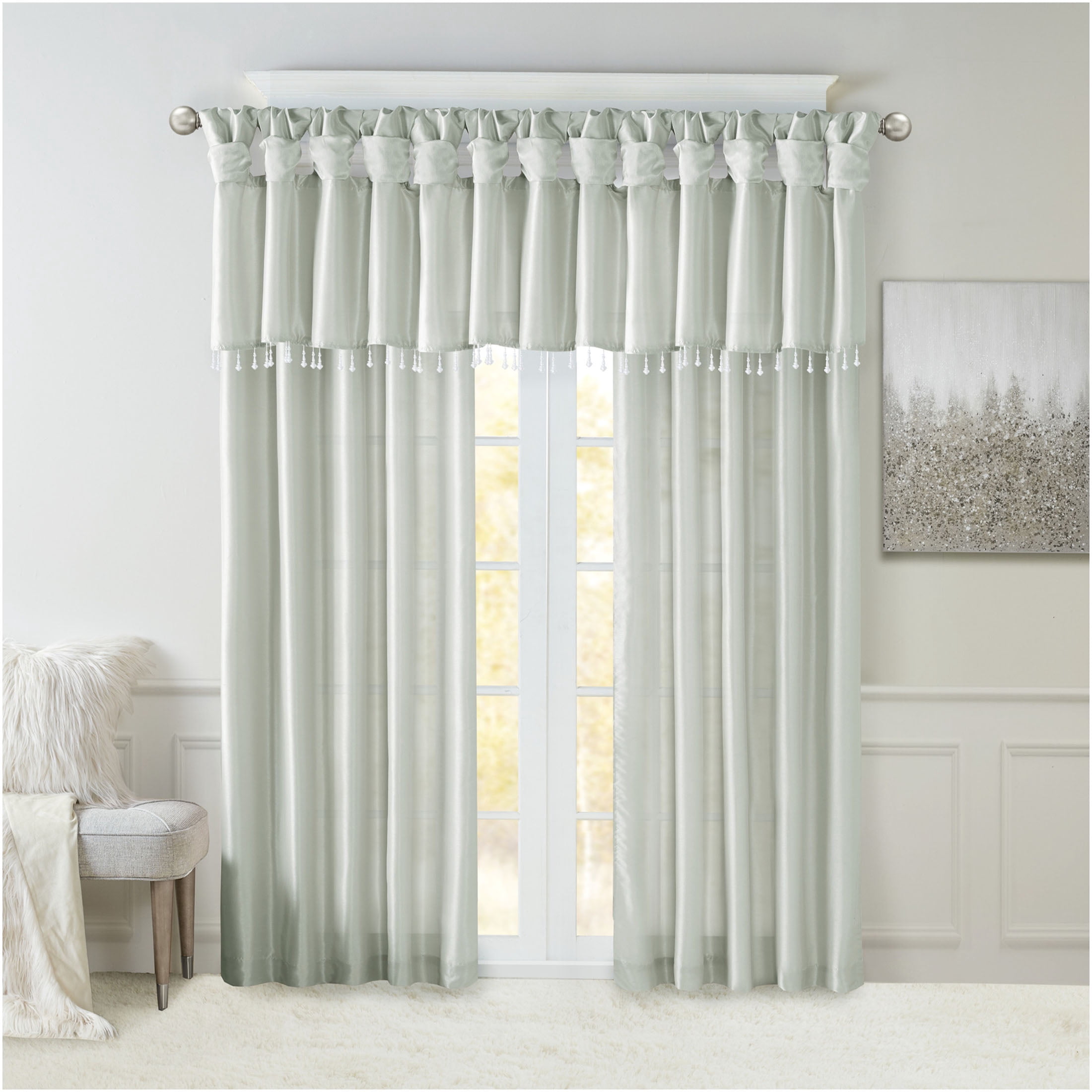 JERFIT Faux Silk Window Valance with Beaded Trim, Dusty Aqua Tab Top Curtain for Living Room, 50x26 Inches