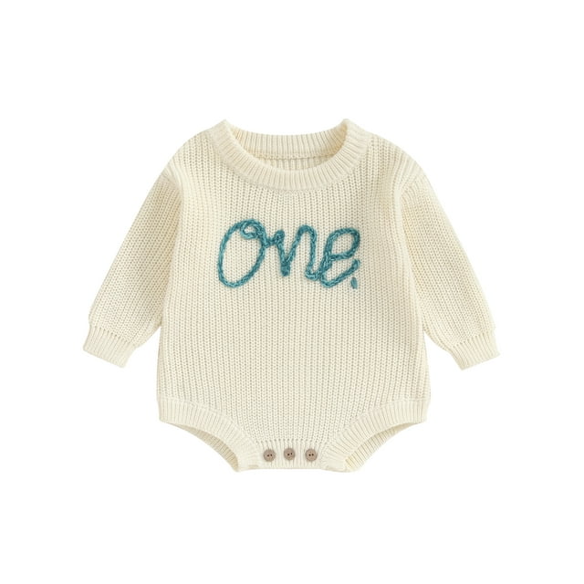 Faithtur Bébé Tricot Combinaison Lettre Brodée Manches Longues Col Rond Romper Automne Tenues d'Hiver