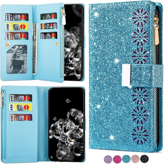 Zipper Wallet Case for Samsung Galaxy A14 5G/A14 4G, Glitter Starry Laser 9 Card Slots PU Leather Flip Phone Case with Wrist Strap, Sky Blue