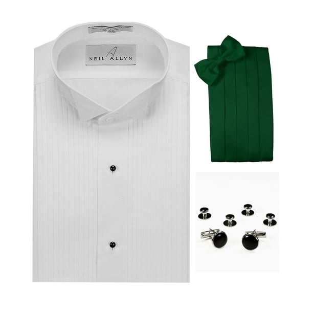 Tuxedo Shirt, Emerald Green Cummerbund, BowTie, Cuff Links & Studs Set