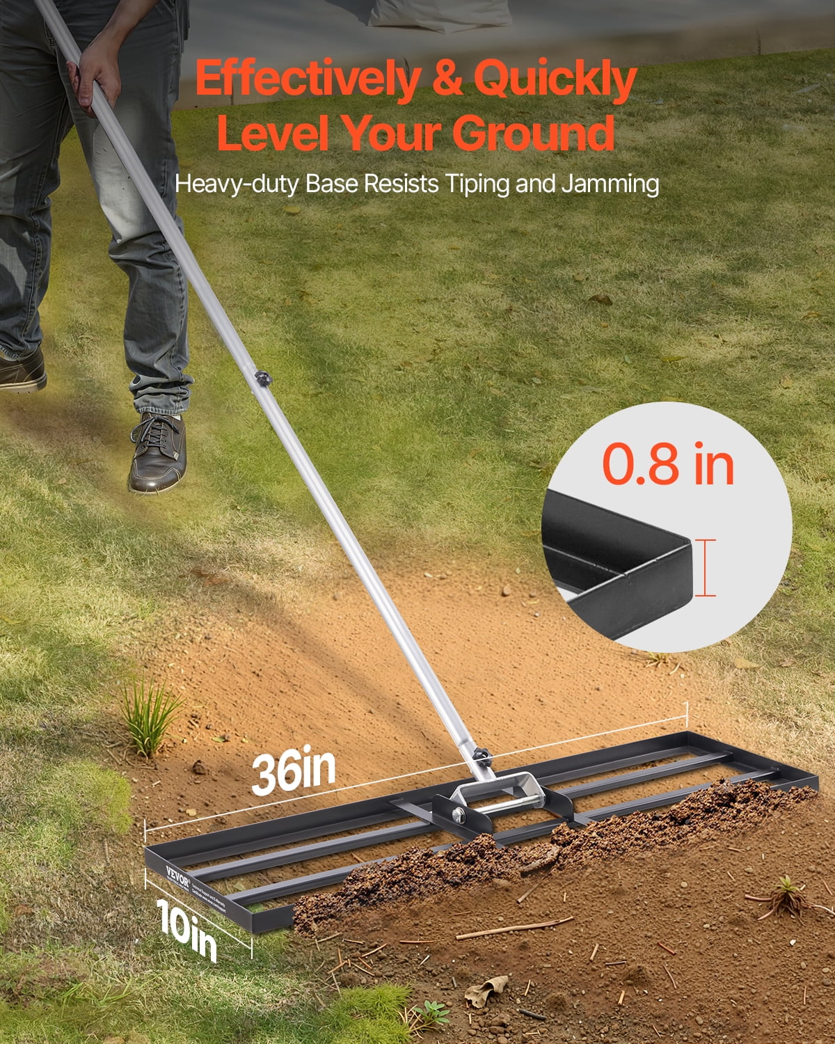 VEVOR Lawn Leveling Rake, Lawn Leveler with 83.9 in Handle, 36x10 in Ground Plate, Rust-Resistant Carbon Steel Soil Leveler, 3 Heights Adjustable, Effort Saving Lawn Leveling Tool