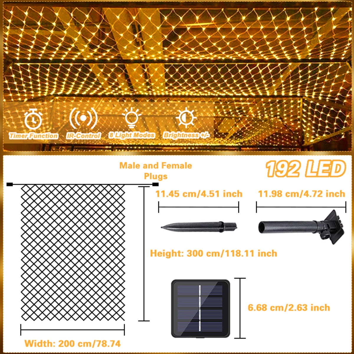 Solar Net Mesh Light 9.8ft x 6.6ft 192 LED, Waterproof Outdoor Net Light with 8 Modes for Bush, Christmas, Home, Garden Decorations(Warm White)