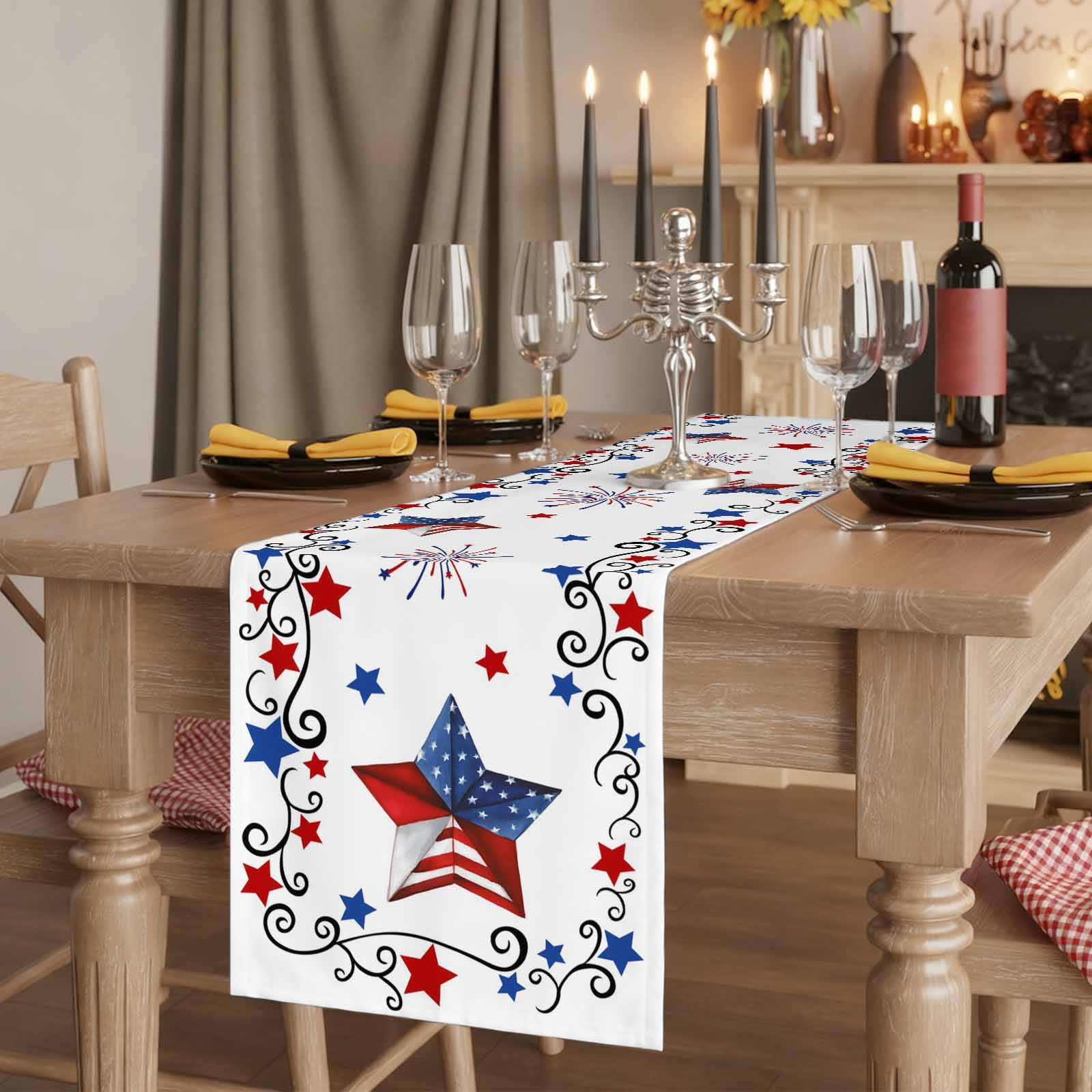 Table Runners 72 Inches Long Dress Scarves, Independence Day Farmhouse Kitchen Table Runner, Coffee Tablerunners, 4th of July Blue Red Star Fireworks 14x72 Inch