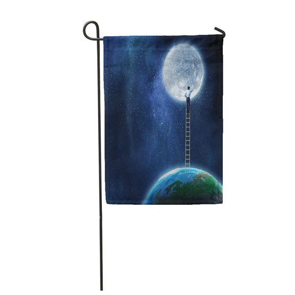 SIDONKU Reach Man Reaching Moon Planet High Ladder Climbing Earth Garden Flag Decorative Flag House Banner 28x40 inch