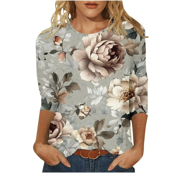 Women's Graphic 3/4 Sleeve T-Shirts Floral Print Loose Fit Trendy Tops Casual V Neck Tee Tshirts S-3X (XL, Gray)