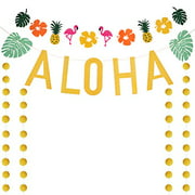 LOCOLO Luau Party Supplies - Gold Aloha Banner Decoration Glittering Golden Circle Dots Decor with Flamingo Banner (Gift) Great for Hawaii Summer Beach Pool Tropical Party Decorations