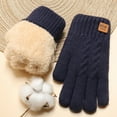thumbnail image 2 of AWZXDE Women Winter Style Thick Double Layer Knitted Leather Label Cold Proof Warm Solid Color Screen Finger Gloves for and Comfort Navy,One Size, 2 of 3