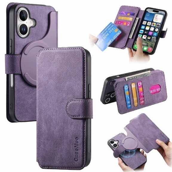 Magnetic Wallet Case for iPhone 17 Detachable Card Holder Stand Cover Purple