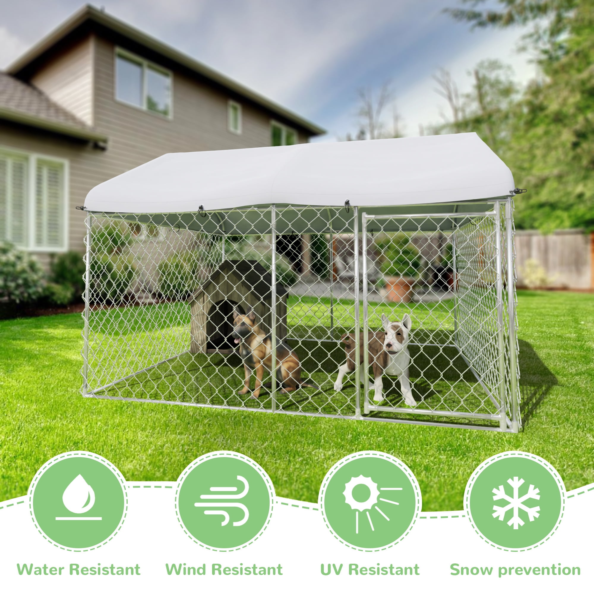 EUNHOO Outdoor Dog Kennel,7'L x 5.9'W x 5.05'H Large Dog Fence Outside with Roof, Metal Wire Dog House for Yard, Dog Enclosure for Big Dog Run