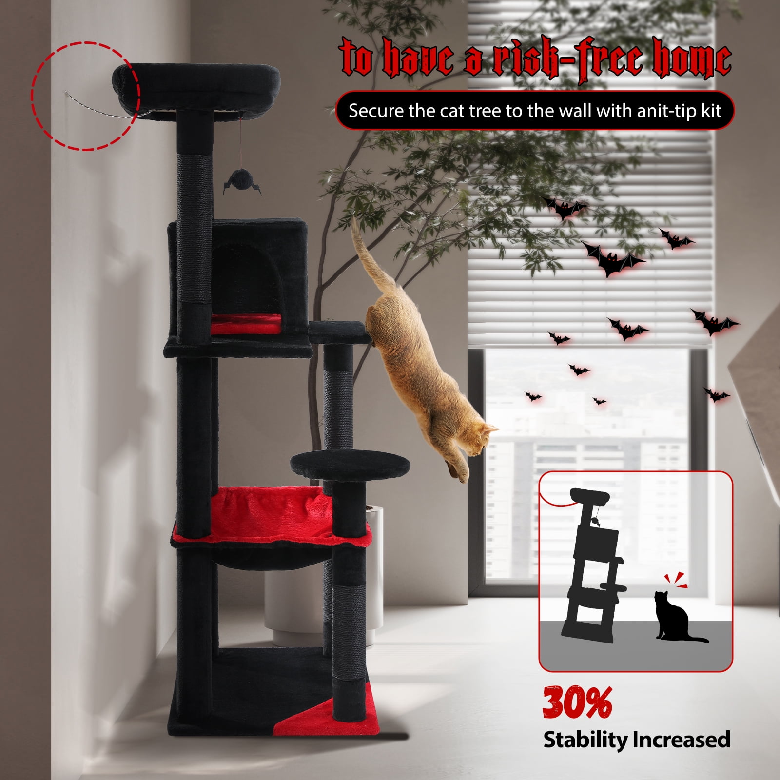 Kadyn 56" Wood Cat Tree Tower for Large Cats, Cat Tree House for Indoor Cats with Cozy Cat Condo, Super Large Hammock and Plush Perches, Black