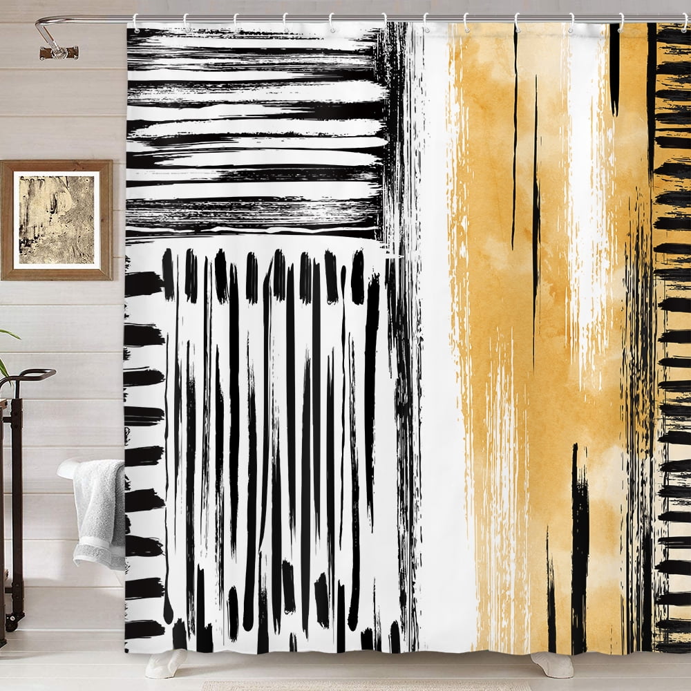 Abstract Designer Shower Curtain Aesthetic Art, Modern Neutral Black and white Yellow Brown Fabric Shower Curtains Set for Men Bathroom Decorative, Restroom Decor Accessories 60X72 Inch