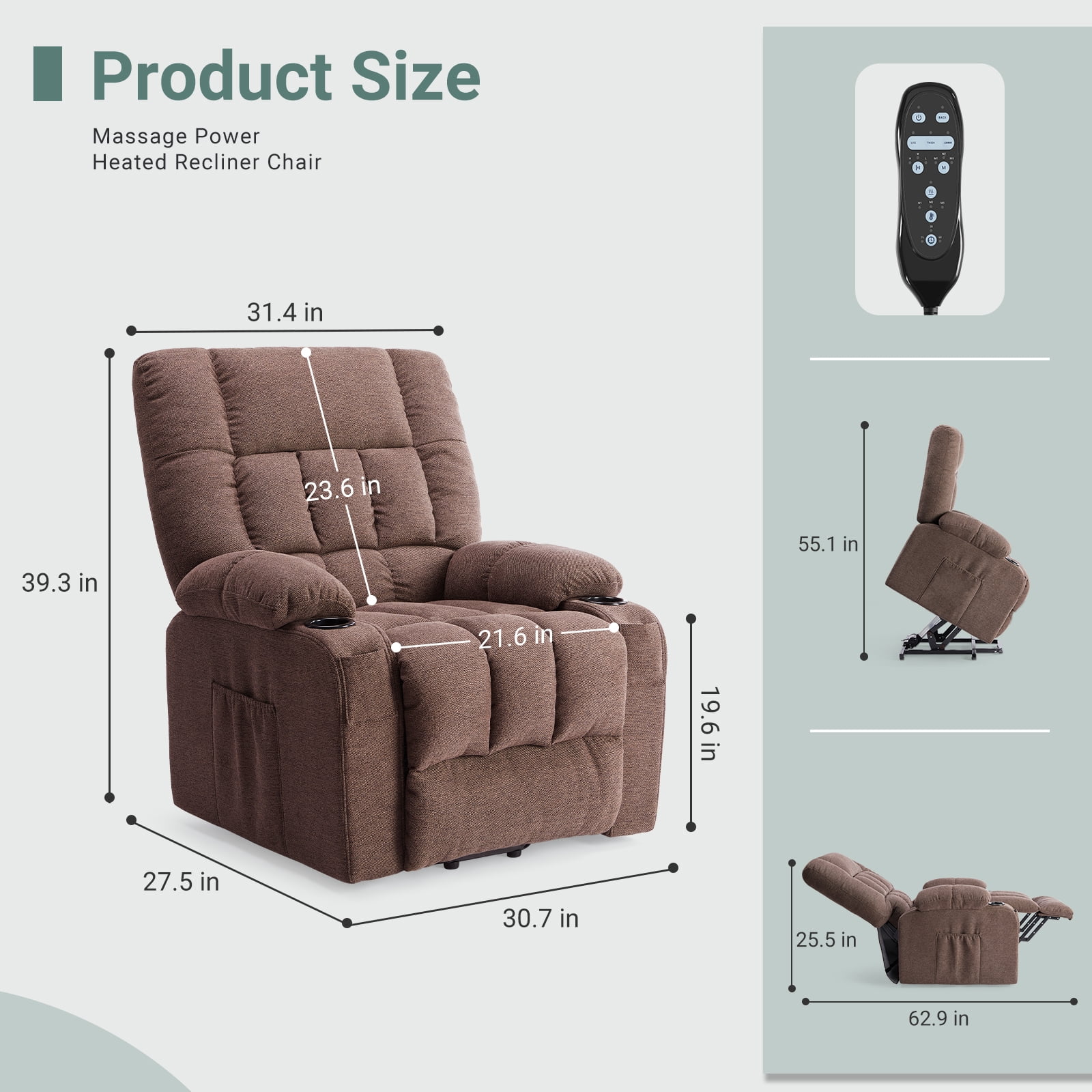 GIANNA Lift Recliner Chair for Elderly, With Massage and Heating, Lumbar Support, Remote Control, Brown